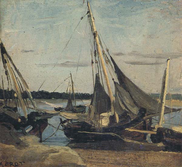 camille corot Trouville Fishing Boats Stranded in the Channel (mk40)